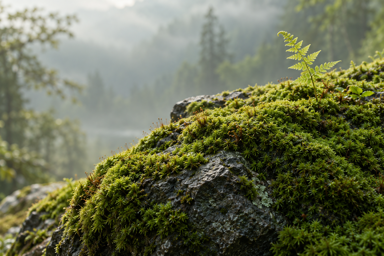 A small, vivid green world of moss and delicate plants growing over weathered stone.